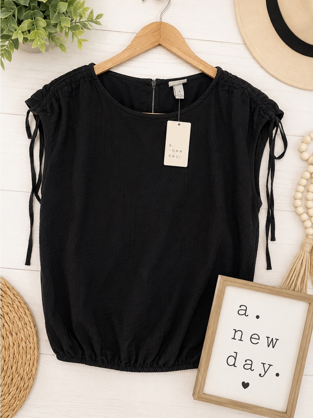 🖤 A New Day Black Ruched Tie Sleeve Blouse Top NWT Size Small